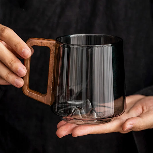 Zen coffee mugs – Smoked glass with hidden mountain & wooden handle