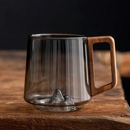 Zen coffee mugs – Smoked glass with hidden mountain & wooden handle